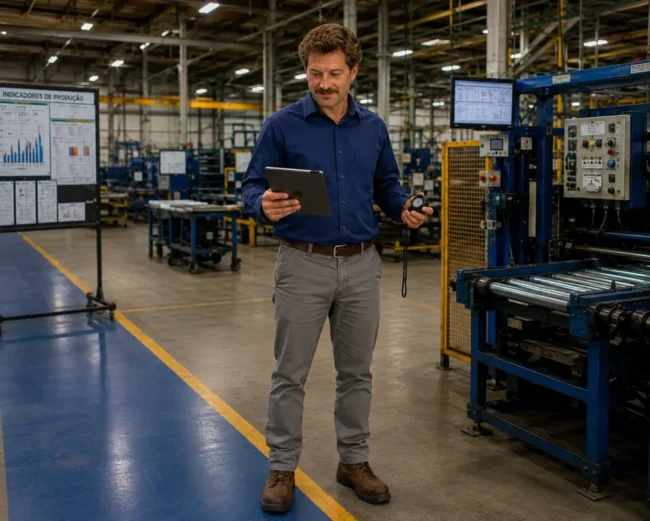 Consultor da Total TM com cronômetro e tablet analisando tempos de produção no chão de fábrica